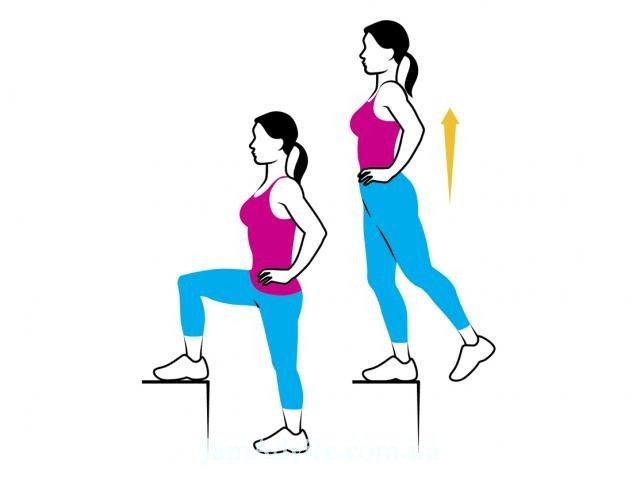Упражнения для стройных ног и ягодиц. Шаг вверх с поднятием ноги