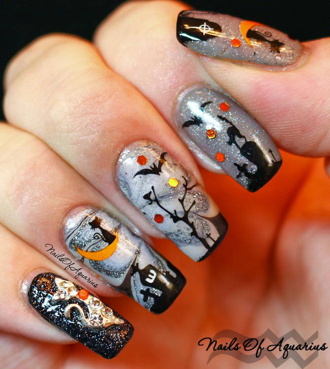 Ногти на Хэллоуин с летучими мышами